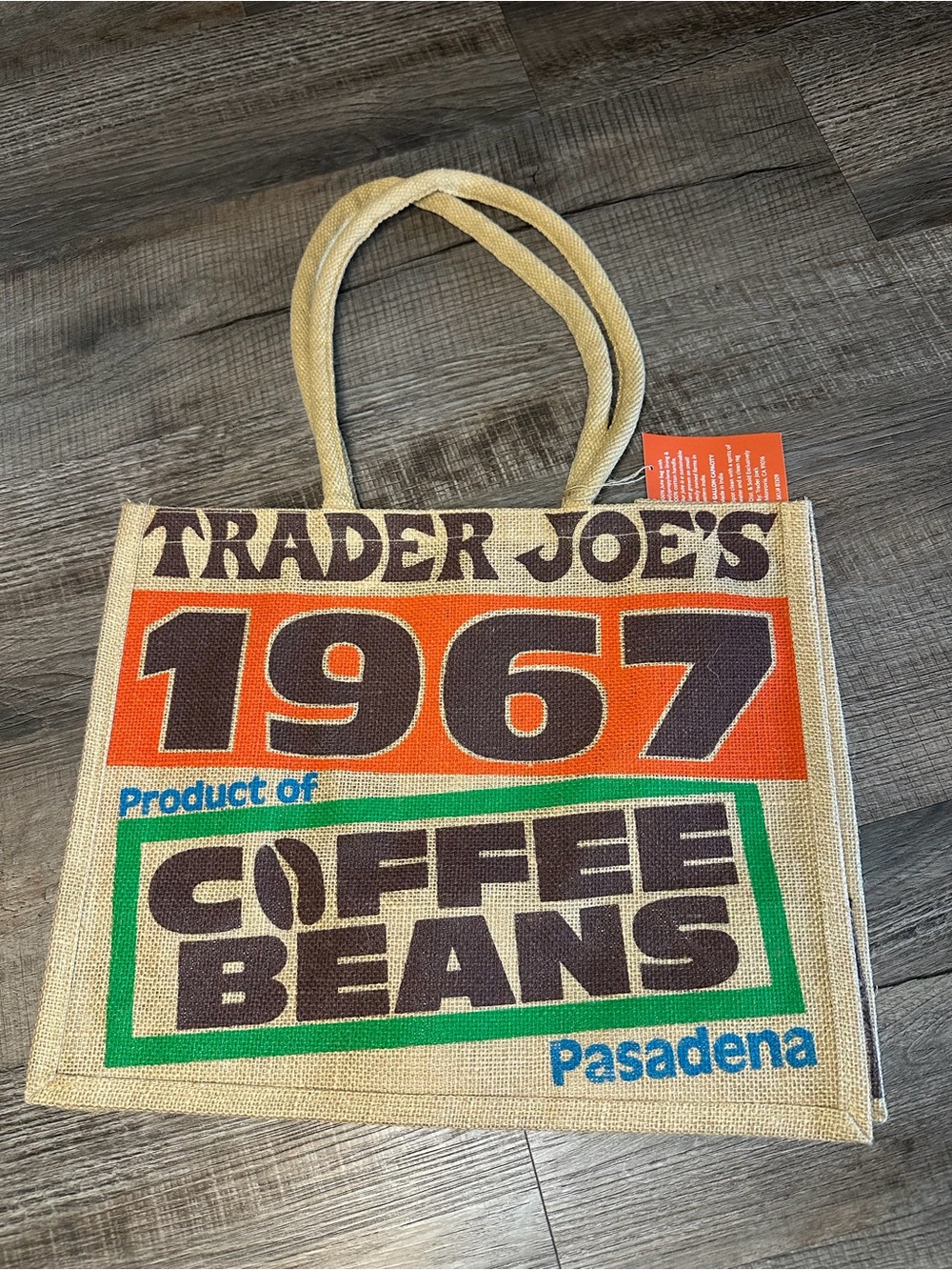 NWT Trader Joe's 1967 Coffee Beans Jute Tote Bag - Natural, Orange, Brown, Blue - Picture 2 of 7